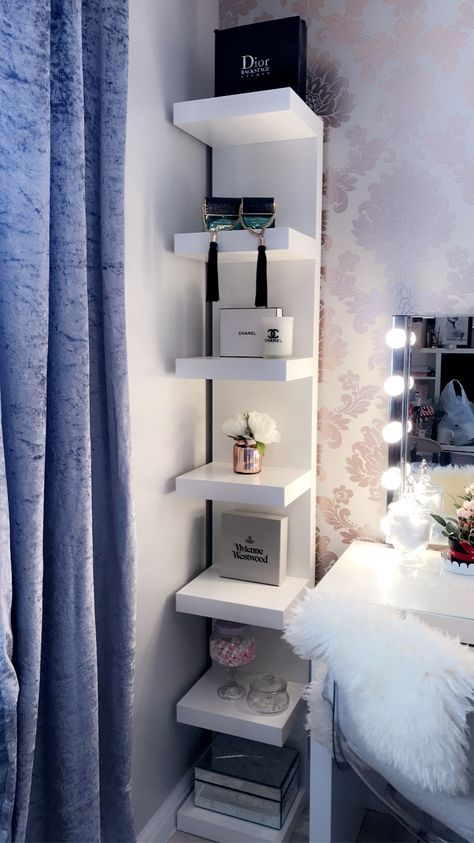 Simple ideas for your makeup room #makeuproom #glamroom #shelf #ikea  #designer #hollywoodlights #lighting Ikea Shelf Ideas Bedroom, Makeup Vanity Shelf Ideas, Makeup Room Inspiration, Ikea Shelf Decor Bedroom, Room Shelfs Aesthetic, Vanity Shelf Ideas Bedroom, Aesthetic Shelf Decor Ideas, Diy Ikea Lack Shelf, Ikea Shelf Decor Ideas