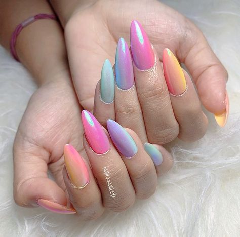 Summer Nails 2023 Gel | Summer Nails 2023 Unicorn Chrome Nails Ombre, Chrome Summer Nails Designs, Nail Art Chrome Ombre, Holographic Rainbow Nails, Pastel Crome Nails, Pastel Rainbow Chrome Nails, Ombre Easter Nails, Rainbow Nails Chrome, Easter Chrome Nails