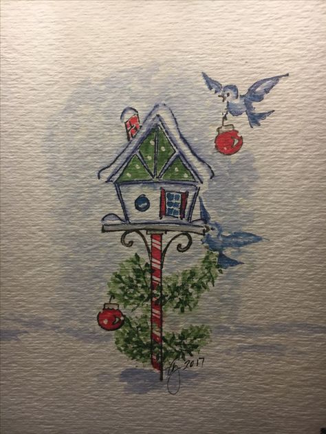 watercolor - the art impressions way Winter Birdhouse, Christmas Watercolors, Watercolor Christmas Cards Diy, Art Impressions Cards, Art Impressions Stamps, Bird Watercolor Paintings, Watercolor Postcard, Watercolor Winter, Watercolor Paintings For Beginners