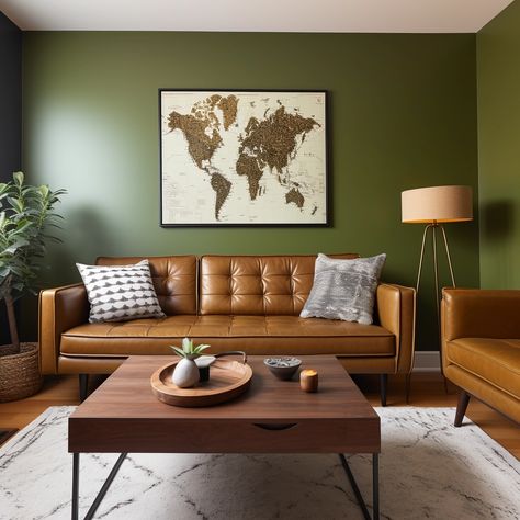 Tan Couch Green Walls, Leather Couch Wall Color, Olive And Brown Living Room, Brown Green Living Room Ideas, Living Room Olive Green Walls, Leather Sofa Green Wall, Green And Brown Furniture, Tan Leather Sofa Green Walls, Olive Green And Brown Living Room