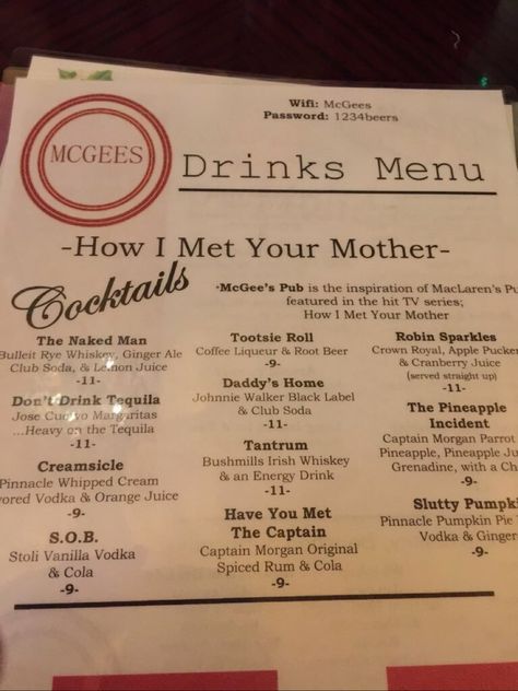 Bachelor Party Themes, How Met Your Mother, Men Coffee, Mother Wedding, Tootsie Roll, How I Met Your Mother, Drink Menu, Ginger Ale, Root Beer