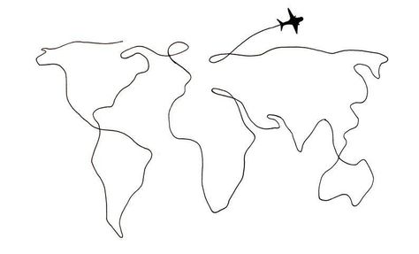 Drawings With One Line, Minimalist Wall Poster Printable, World Map Drawing Art, Plane Line Drawing, Drawing World Map, One Line Drawing Travel, Drawing Ideas On Wall, Travel Line Drawing, World Map Drawing Simple