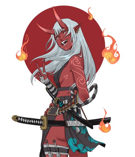 Dnd Oni Character Design, Female Oni Character Art, Oni Girl Art, Dnd Oni, Oni Tiefling, Oni Demon Art, Oni Female, Oni Character Design, Oni Woman