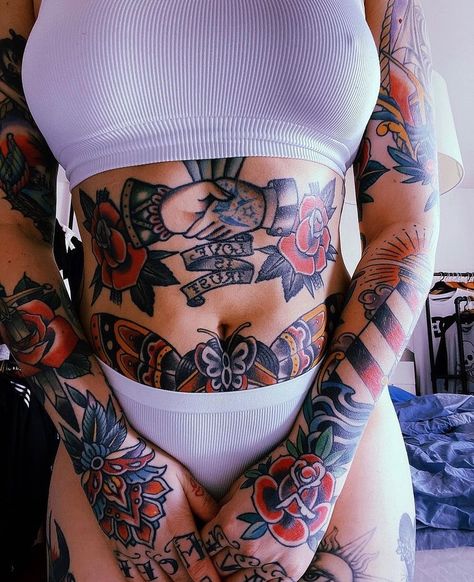 Big American Traditional Tattoo, Stomach Tattoos Traditional, American Traditional Stomach Tattoo, Upper Stomach Tattoos, Traditional Sternum Tattoo, Lower Belly Tattoos For Women, Belly Tattoos For Women, Traditional Thigh Tattoo, Epic Tattoos