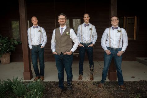 groomsmen portrait, men with jeans and suspenders Suspenders And Jeans Wedding, Jeans With Suspenders Men Wedding, Suspenders With Jeans Wedding, Groomsmen Suspenders And Jeans, Jeans Suspenders Groomsmen, Suspenders Wedding Jeans, Tan Pants With Suspenders Wedding, Rustic Wedding Groomsmen Jeans, Groomsmen Attire Jeans And Boots Suspenders