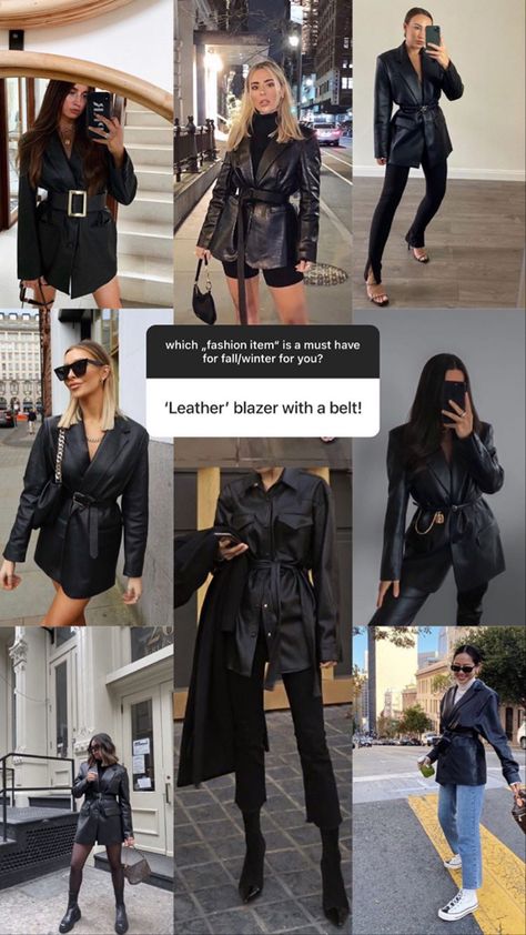 Belted Leather Blazer Outfit, Leather Jacket With Belt Outfit, Styling Leather Blazer Jacket, Leather Blazer Summer Outfit, Black Leather Blazer Outfit Fall, Black Leather Blazer Outfit Winter, Belted Leather Jacket Outfit, Blazer Leather Pants Outfit, Leather Blazer Dress Outfit