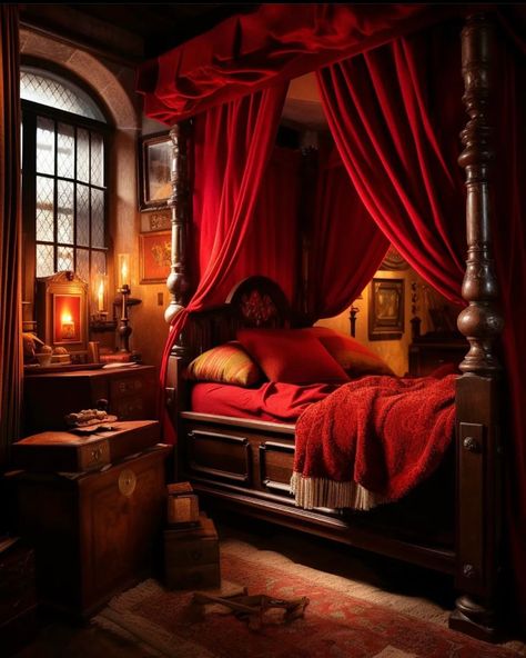 Gryffindor Room Ideas, Bathroom Redo Ideas, Gryffindor Bedroom, Bathroom Renovations On A Budget, Renovations On A Budget, Hogwarts Bedroom, Medieval Bedroom, Vintage Bathroom Ideas, Winter Bedroom