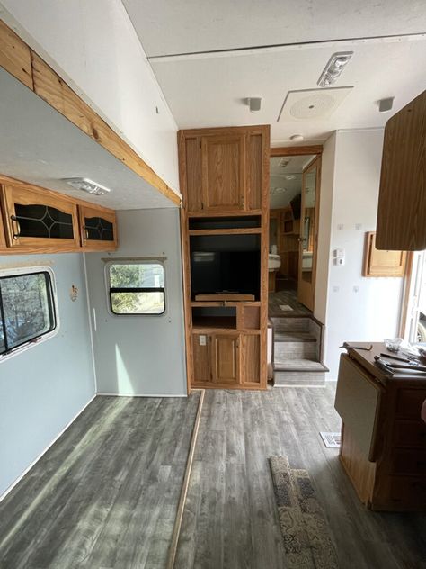 Cedar Creek Rv Remodel, 5th Wheel Renovation, Montana Fifth Wheel, Rv Living Organization, Rv Living Room, Flipping Business, Camper Remodeling, 5th Wheel Camper, Pewter Green