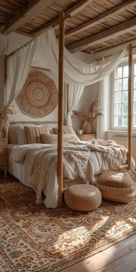 Beachy Apartment Decor, Modern Bohemian Bedroom, Magical Bedroom, Rustic Bed Frame, Canopy Beds, Boho Bedroom Ideas, Boho Style Bedroom, Boho Elements, Beige Bedroom