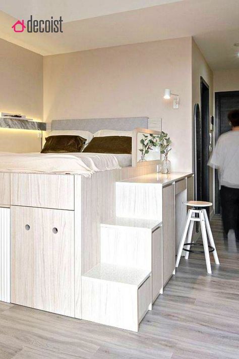 Micro-apartments are not for everyone– let's just start there. But when they work for your lifestyle, MAN, do they work. Whether you're in the market for a micro-apartment in the big city or are just looking for more space-savvy solutions, we got you covered. Take a look at this fabulous multifunctional space! // Small Apartment // Micro-Apartment // City Apartment // Space-Savvy Solutions // Organization // Never Too Small Micro Apartment, Micro Bedroom Design, Small Studio Design Ideas, Space Saving Studio Apartment, Micro Apartment Design, Micro Bedroom Ideas, Micro Apartment Ideas, Ombre Accent Wall, Interior Design Studio Apartment