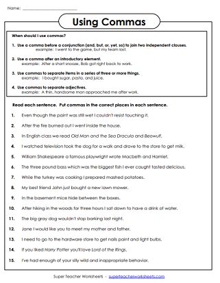 Punctuation Worksheets (Commas) Comma Worksheets, Teaching Punctuation, Comma Rules, Worksheets For Grade 1, Punctuation Worksheets, Writing Practice Worksheets, Essay Tips, English Grammar Worksheets, Grammar And Punctuation