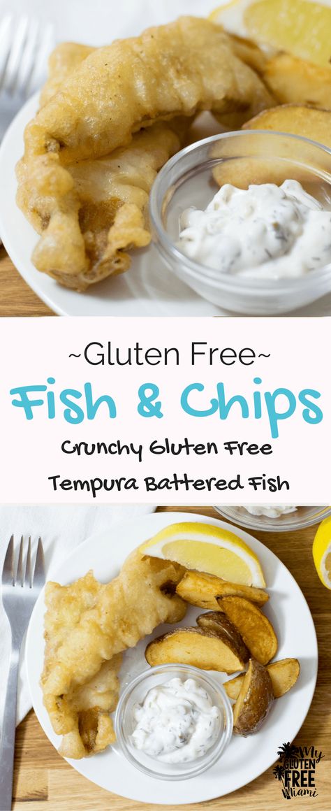 Gluten Free Fish and Chips, coated in a light and crispy tempura batter for the perfect crunch! Serve with lemon dill dipping sauce for a great meal! via @eatatourtable Gf Battered Fish, Gluten Free Tempura, Gluten Free Fish Batter, Gf Dough, Dill Dipping Sauce, Gluten Free Fish And Chips, Fish Batter Recipe, Tempura Recipe, Seafood Dip