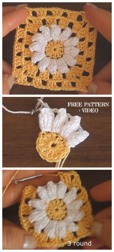 Crochet Daisy Granny Square Free Crochet Patterns + Video Granny Square Häkelanleitung, Granny Square Crochet Patterns Free, Mode Crochet, Pola Amigurumi, String Theory, Scarf Knitting, Crochet Daisy, Crochet Sunflower, Crochet Square Patterns