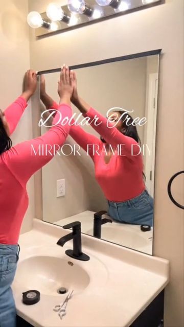 Diy Modern Mirror Frame, Self Adhesive Mirror Frame, Peel And Stick Mirror Frame, Diy Bathroom Mirror Frame, Diy Mirror Frame, Diy Mirror Frame Ideas, Stick On Mirror, Dollar Tree Mirrors, Peelable Wallpaper