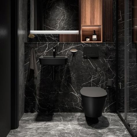 Matte Black Bathroom Fixtures, Design Interior Baie, Black Bathroom Fixtures, Black Marble Bathroom, Black Tile Bathrooms, Black Spirit, Contemporary Bathroom Decor, Black Bathroom Furniture, Matte Black Bathroom