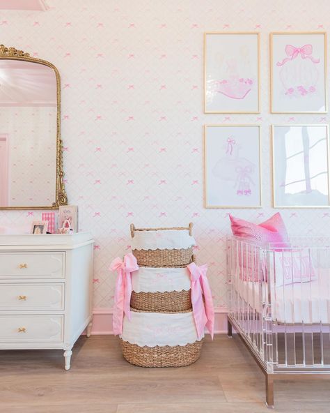 Goldie’s nursery reveal 🎀 The sweet bow pattern was designed by @prettygrandmillennial 💕 I had a very clear idea of what I wanted in my h… | Instagram Pink Plaid Nursery, Pottery Barn Rory Nursery, Love Shack Fancy Baby Nursery, Boujee Nursery, Pink Bow Nursery Theme, Preppy Girl Nursery, Loveshackfancy Nursery, Bow Nursery Theme Girl, Grand Millennial Nursery