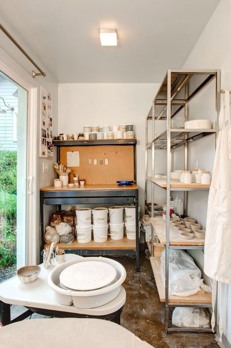 Ceramic Studio Setup, Kiln Room Ideas, Pottery Studio Essentials, Outside Pottery Studio, Small Space Pottery Studio, Pottery Room At Home, Ceramic Room Ideas, Home Clay Studio, Small Home Pottery Studio Setup