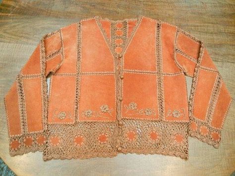 Sewing Upcycled Clothing, Leather Crochet, 1970s Style, Upcycle Sewing, Boho Jacket, Altered Couture, Leather Scraps, Crochet Jacket, Crochet Shirt