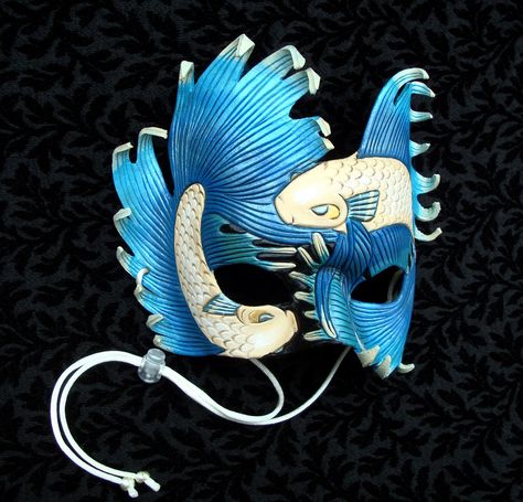 Aqua and Cream Fighting Fish Mask by *merimask on deviantART Fish Mask, Venetian Masks, Leather Mask, Cool Masks, Mardi Gras Mask, Carnival Masks, Masks Art, Masks Masquerade, Masquerade Party