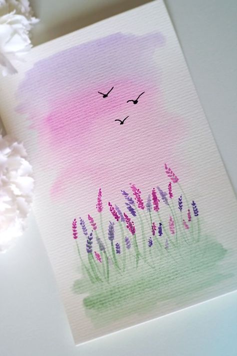 Lavender Watercolor Painting Easy, Easy Thing To Paint With Watercolor, How To Make Pink Watercolor, Lavender Sky Painting, Acrylic Paint Birthday Card, Mini Landscape Watercolor, Relaxing Watercolor Painting, Pastel Art For Beginners, View Painting Easy