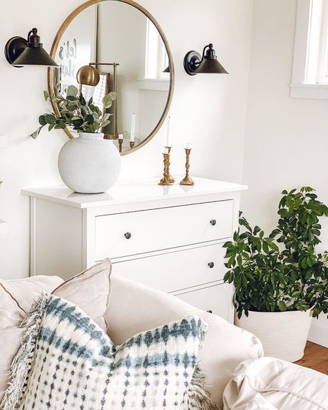 White Neutral Living Room, Cozy Cottage Interiors, Neutral Living Room Decor, Modern Boho Farmhouse, Ikea Hemnes Dresser, Dresser In Living Room, Hemnes Dresser, Boho Modern Farmhouse, Living Room Decor Neutral