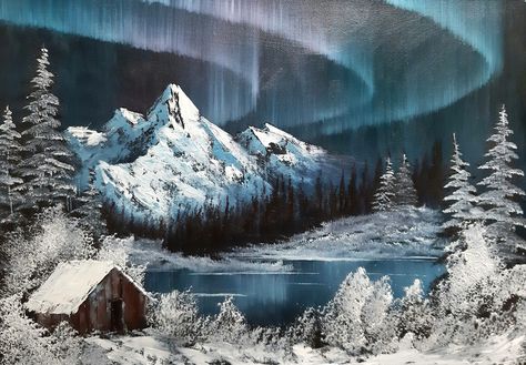 Bob Ross Cabin Painting, Bob Ross Northern Lights, Bob Ross Mountain Paintings, Bob Ross Winter Paintings, Bob Ross Style Paintings, Winter Mountains Painting, Acrylic Northern Lights Painting, Bob Ross Paintings Tutorials Easy, Winter Mountain Painting