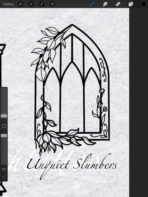 Castle Window Tattoo, Garden Gate Tattoo, Gothic Arch Tattoo, Church Window Tattoo Design, Kettle Tattoo, Window Tattoo Simple, Wuthering Heights Tattoo, Window Tattoo Design, Gothic Line Art