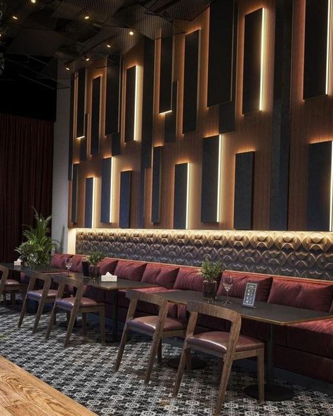 Restaurant Wall Panelling Design, Small Modern Restaurant Design, Small Bar Ideas For Restaurants, Fine Dine Restaurant Interior, Restaurant Wall Design, Interior Design Luxury Modern, Japanese Restaurant Interior, Interior Design Portfolio Layout, Wooden Wall Design