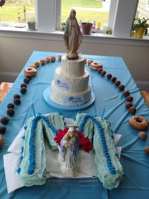 A Slice of Smith Life: Happy Birthday to Our Blessed Mother: Edible Donut Rosary… Happy Birthday Mary, Catholic Feast Days, Mary Birthday, Saint Feast Days, Liturgical Year, Catholic Decor, Chocolate Chip Cheesecake, Birthday Mother, Catholic Family