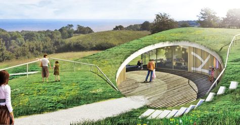 New Skamlingsbanken Visitor Center nestled under a softly curved hill in Denmark | Inhabitat - Green Design, Innovation, Architecture, Green Building Danish Landscape, Green Roof House, Nature And Architecture, Architecture Antique, Landscape Architecture Drawing, Architecture Nature, Fibreglass Roof, Earth Sheltered, Underground Homes