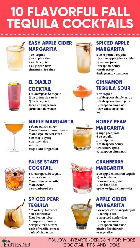 Fall Tequila Cocktails Easy Drink Cocktails, Fall Flavor Cocktails, Mix Drinks Alcoholic Tequila, Fall Tequila Punch, Fall Cocktail Tequila, Cocktail Recipes That Dont Taste Like Alcohol, Fall And Winter Cocktail Recipes, Autumn Tequila Cocktails, Good Tequila Drinks