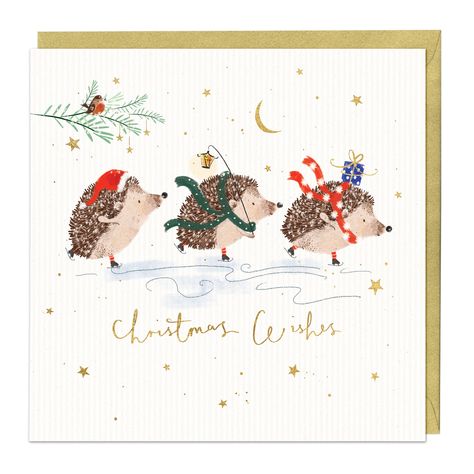 Skiing Hedgehogs Christmas Card Hedgehog Christmas Illustration, Hedgehog Christmas Cards, Three Wishes, Christmas Animal Art, Christmas Hedgehog, Christmas Greeting Cards Design, Cute Christmas Animals, Christmas Greeting Card, Animal Christmas Cards