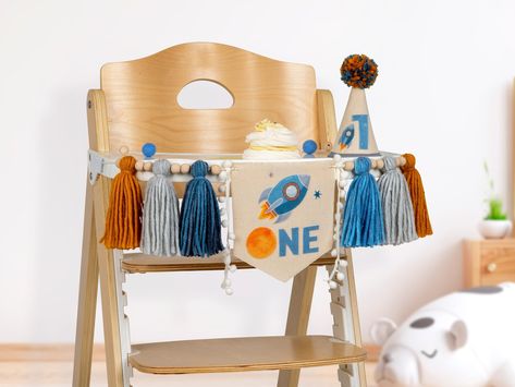 Fairy Birthday Themes, High Chair Decorations, Baby First Birthday Themes, Sun Birthday, Astronaut Party, First Trip Around The Sun, Space Theme Party, Its A Boy Banner, One Year Birthday