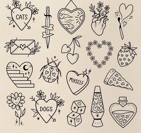 Animal Doodle Tattoo, Cute Designs For Tattoos, Meaningful Flash Tattoos, Flash Tattoo For Couples, Tattoos To Color In, Medium Simple Tattoos, Groovy Flash Tattoo, Aesthetic Tattoo Flash, 2 In Tattoos