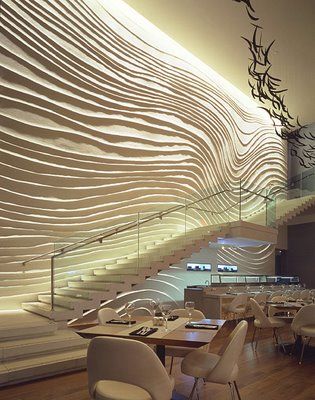 The Blue Fin Restaurant W Times Square Wall Surface Interiors   Interior design Yabu Pushellberg Contemporary Staircase Design, Wall Of Light, Design Interior Modern, Contemporary Staircase, Hospitality Design, Staircase Design, Textured Wall, Restaurant Interior, Commercial Design