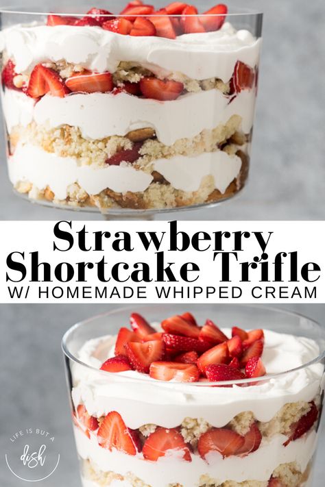 Strawberry Shortcake Homemade, Strawberry Shortcake Whipped Cream, Good Desserts For Birthday, Strawberry Shortcake Trifle Recipe, Summertime Desserts For A Crowd, Strawberry Triffle, Homemade Shortcake, Strawberry Cake Aesthetic, Cake Recipe Strawberry