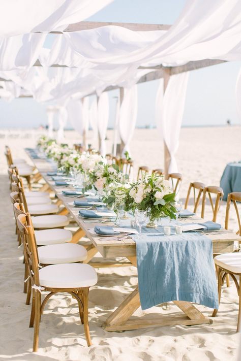 Beach Wedding Light Blue, San Diego Beach Wedding, Small Beach Weddings, Beach Wedding Tables, Blue Beach Wedding, Chair Rentals, Dream Beach Wedding, Beachy Wedding, Beach Wedding Reception