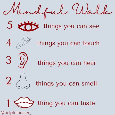 Using 5 senses to build mindfulness during your walks Grounding With 5 Sense, 5 Senses Mindfulness, 5 Senses Mindfulness Activity, 5 Senses Coping Skills, 5 Senses Grounding, 5 Senses Meditation, 5 Senses Grounding Exercise, Transpersonal Approach, Therapeutic Photography