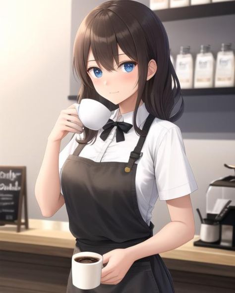 Anime Chef Outfit, Anime Barista, Waitress Anime, Cai Bots, Barista Outfit, Barista Uniform, Barista Outfits, Pic Anime, Anime Coffee