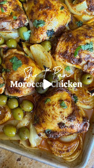 Rachelli Katz | Kosher Food Blogger on Instagram: "Spice up your dinner✨
with this Sheet Pan Moroccan Chicken recipe! 

Bursting with flavors, it’s a one-pan dinner that’ll transport you to Morocco! 🇲🇦 

Sheet Pan Moroccan Chicken 🫒🍋🍗

Spice rub 
1/2 tsp salt
1 tsp cumin 
2 tsp paprika 
1 tsp turmeric
1/2 tsp cayenne
1/4 tsp pepper 
4 tbsp olive oil 
6 crushed garlic cloves 

For the sheet pan 
1 lemon sliced 
1 large onion cut into wedges 
8 pieces of chicken thighs on the bone
1 cup pitted green olives 
Cilantro - optional for garnish 

Instructions:
Combine spice rub in a bowl. Mix together to form a marinate/paste 

On a baking sheet , line with parchment paper. 
Lay sliced lemons and onions. 
Sprinkle with some salt and oil 
Add chicken on top and brush generously all the marinad Moroccan Chicken Recipe, Cilantro Recipes, Kosher Food, Oven Chicken Recipes, Moroccan Chicken, One Pan Dinner, Kosher Recipes, Chicken Spices, Spice Rub