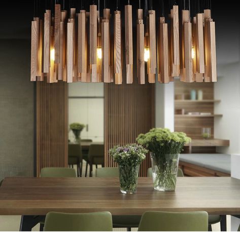 Hanging Wood Lamp, Kitchen Pillar Ideas, Wooden Lighting Fixtures, Timber Lighting, Kitchen Pillar, Gold Hanging Lights, Wooden Light Fixtures, Wood Lights, Dining Light Fixtures