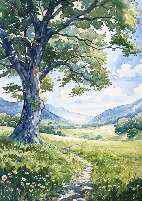 Drawing Landscapes Watercolors, Garden Path Drawing, Nature Drawings Colorful, Landscape In Watercolor, Landscape Ideas Painting Watercolor, Watercolor Landscape Art, Landscape Pictures To Paint, Landscape Shading, Water Colour Tree