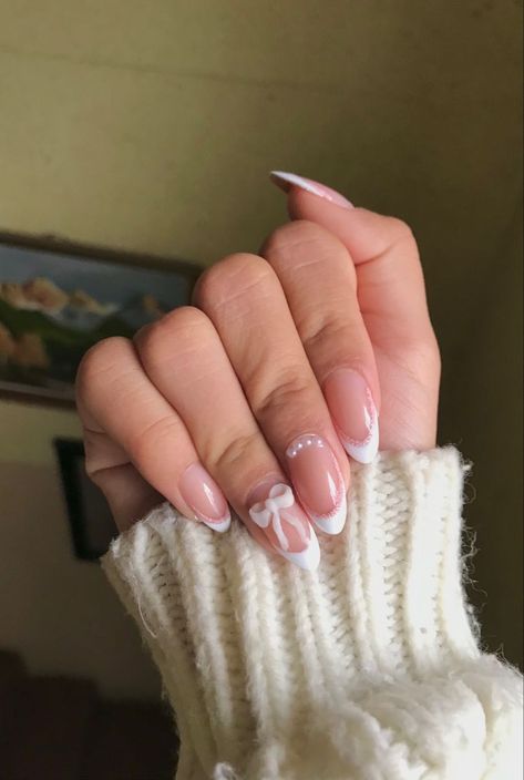 Simple Classy Nail Art, Pink Coquette Nails Almond, Cotteque Nails, Strawberry Nails Acrylic Almond, Best Acrylic Nails Almond, Cute Nail Inspo Simple, Almond Coquette Nails, White Coquette Nails, Coquette Almond Nails