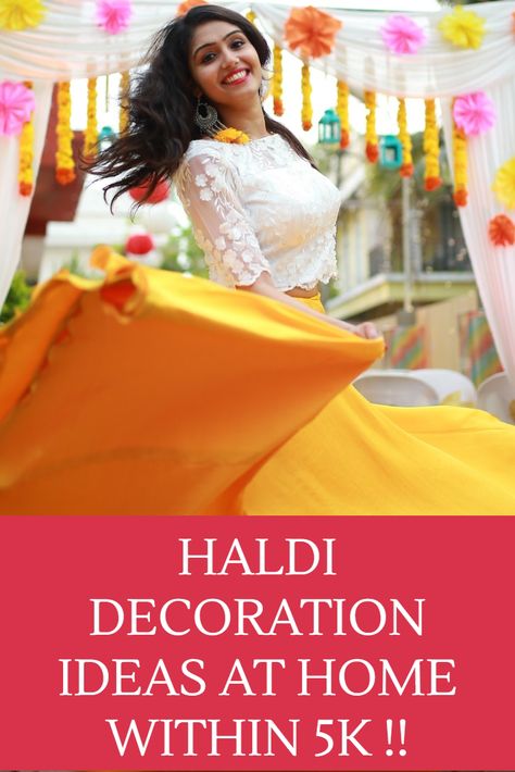 Check out these amazing DIY Haldi ceremony decoration ideas at home, which can be pulled off on a budget – all these put together will not cost you more than 5K! Budget Friendly Haldi Decor, Diy Haldi Decoration Ideas, Decoration For Haldi Ceremony At Home, Haldi Decoration Ideas At Home For Bride, Haldi At Home, Haldi Decoration Ideas At Home Diy, Diy Haldi Decoration Ideas At Home, Diy Haldi Decor, Haldi Decoration At Home