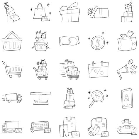 Shopping Doodles, Black Drawing, Icon Set, Premium Vector, Graphic Resources, Black Friday, Hand Drawn, Vector Illustration, Doodles