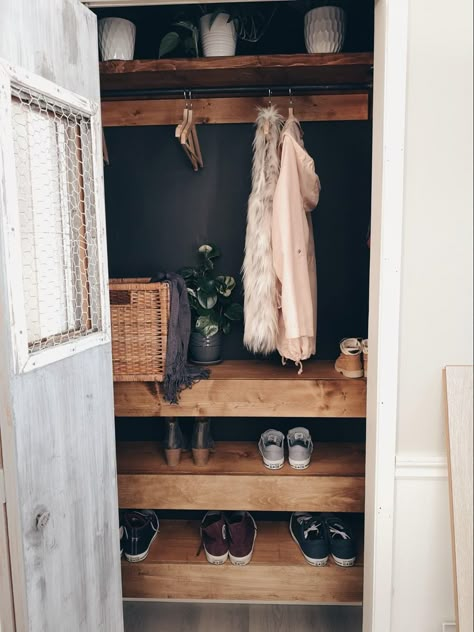 Small Entry Way Closet Remodel, Open Coat Closet Entryway, Closet Boot Storage, Front Closet Makeover Entryway, Turn Closet Into Mudroom, Small Entry Closet Makeover, Front Door Closet Ideas Entryway, Small Entryway Closet Ideas, Narrow Coat Closet