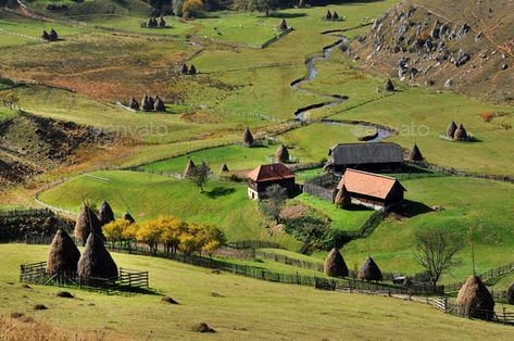 Autumn rural landscape with a small village by salajean. Autumn rural landscape with a small village#landscape, #rural, #Autumn, #salajean Gouache Card, Dnd Landscape, Russia Landscape, Landscape References, Hillside Village, Countryside Village, Village Landscape, Farm Village, Colorful Cottage