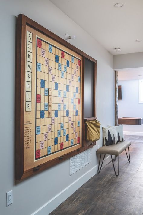 Wall Scrabble Board, Giant Wall Scrabble, Giant Scrabble Board Diy, Board Game Area, Giant Scrabble Board, Giant Scrabble, Wall Scrabble, Wall Games, Reclaimed Wood Accent Wall