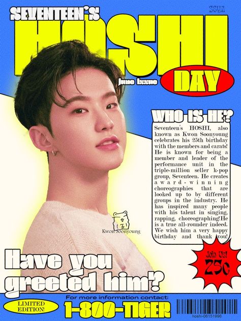 Hoshi Magazine, Magazine Edit, Birthday Kpop, Birthday Edit, Seventeenth Birthday, Greeting Poster, Graphic Design Cards, Canvas Learning, Kpop Posters