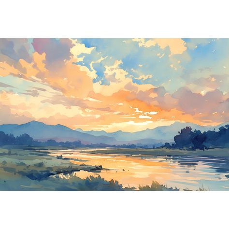 American River, Washington state Premium quality giclee print To see more paintings, please visit my shop: www.etsy.com/shop/PaintingsDanArt - Giclee print on acid-free archival paper - Multiple sizes to choose from - Frame not included. This print is sold unframed.  However, you can order a framed print via this link:  https://paintingsdanart.etsy.com/listing/1702840310/framed-poster-for-any-print-of-your  Unframed canvas print available here: https://paintingsdanart.etsy.com/listing/1705159750 Watercolor Paintings Landscape Sunsets, Paintings Of Mountains, Paintings Landscape, Panoramic Painting, Mountain Painting Ideas, Watercolor Paintings Landscape, Large Watercolor Painting, Landscape Watercolor Paintings, Landscape Watercolor